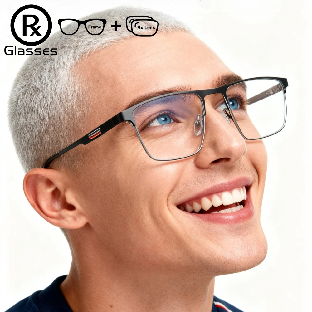 

RX Glasses Alloy Prescription Glasses Men Square Anti Blue Light Computer Eyeglasses High Quality Myopia Photochromic