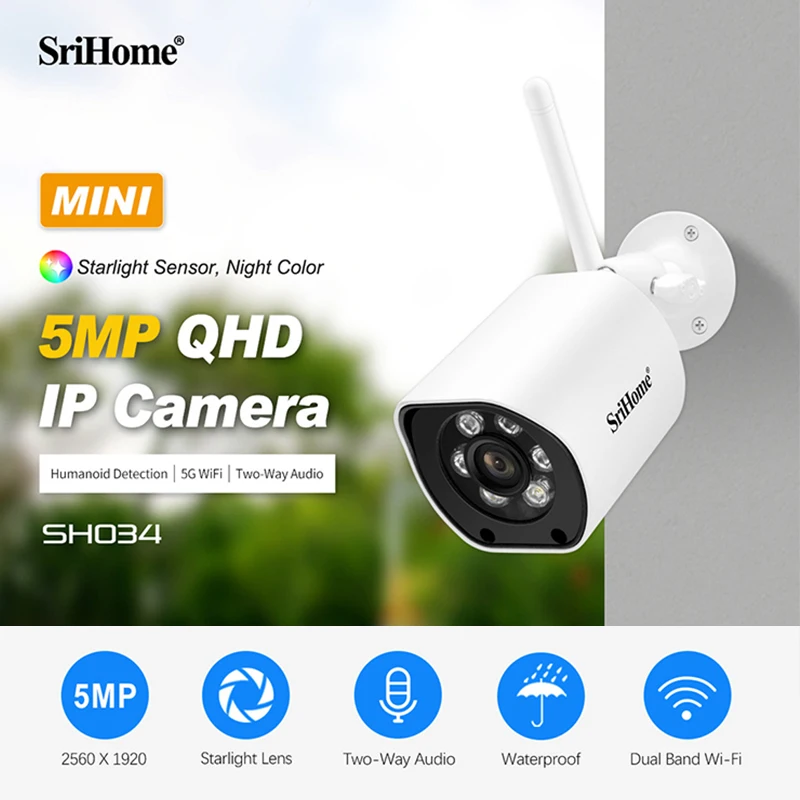 Srihome Mini WiFi Camera Tuya Smart Home 5MP Outdoor Wireless IP Surveillance Camera AI Detect Automatic Tracking Security