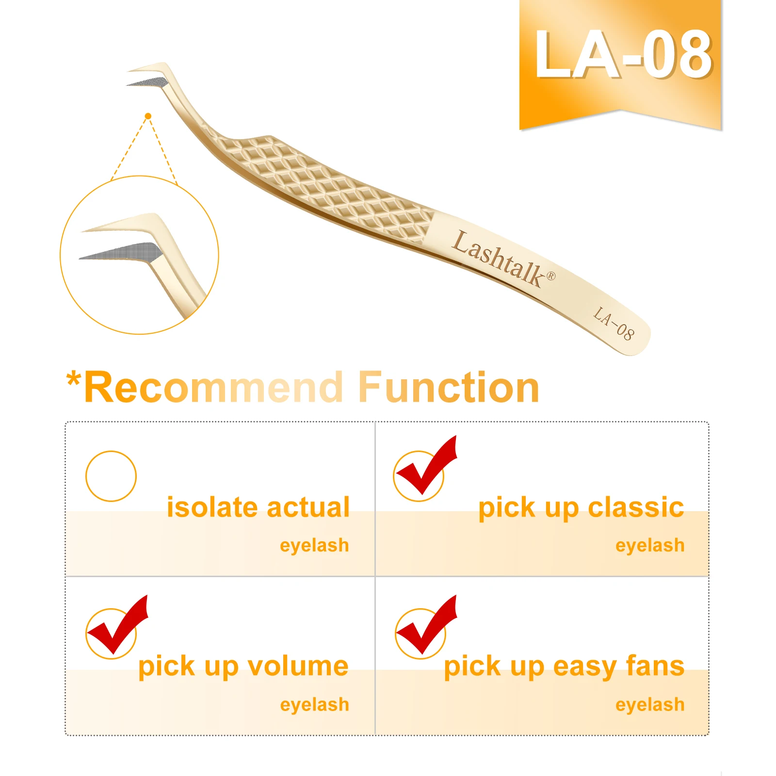Lashtalk Precisie Fiber Tip Pincet Wimperextensies Diamond Grip Antislip Premium Goud Roestvrij Staal Make-up Met Box Pack