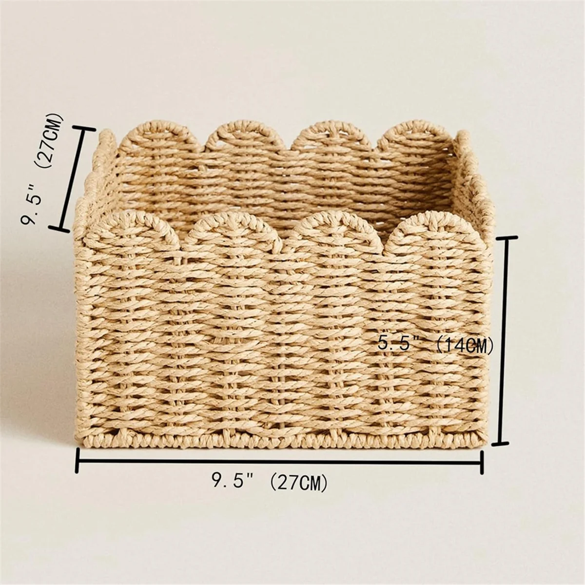 Scalloped Edge Basket, Wicker Storage Baskets, Handwoven Organizing Baskets for Shelves, Paper Rope Design