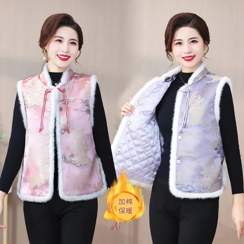 

2024 осенне-зимний хлопковый жилет для мам, модный темпераментный зимний утолщенный теплый жилет в национальном стиле с принтом