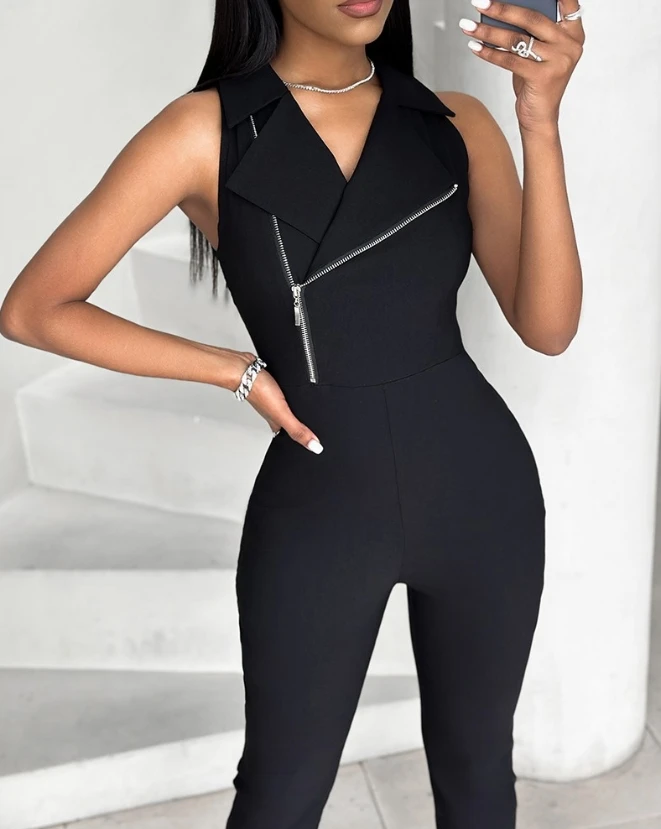 Overalls for Women 2024 Spring Solid Color Sleeveless Asymmetrical Neck Deep Zipper Design Skinny Bodycon Jumpsuit Streetwear