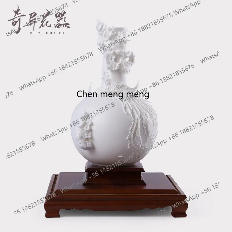 C56 White porcelain high-grade suet jade porcelain bottle, living room wine cabinet, hand-carved phoenix vase ornament