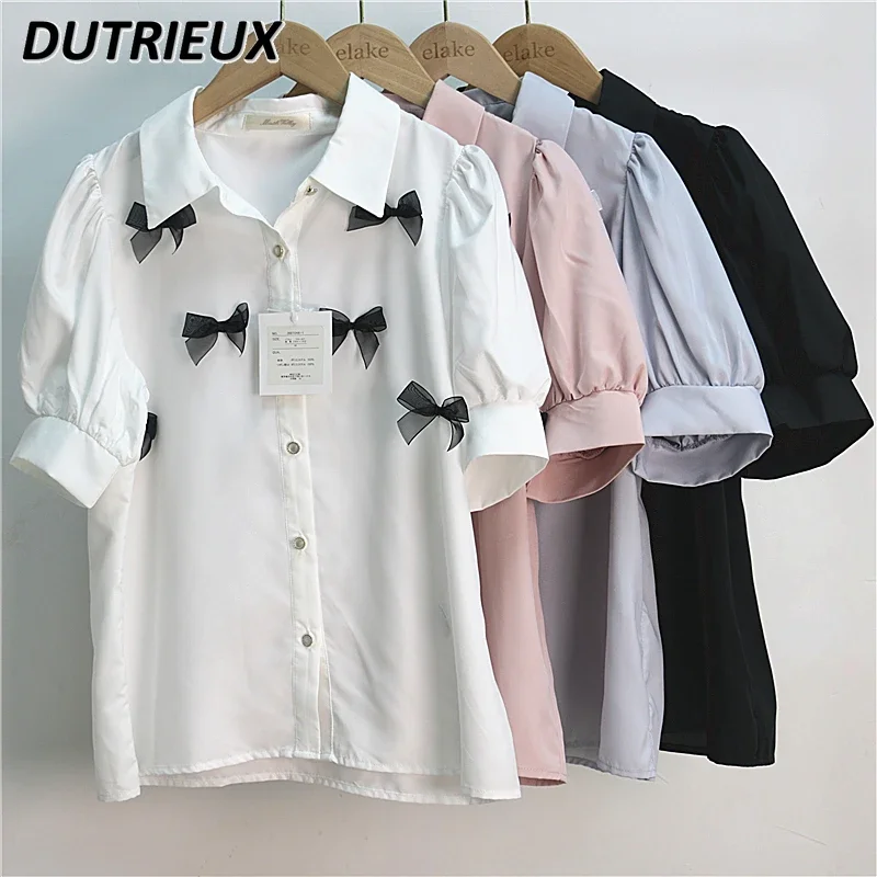 Japanese Original New Bow Short Sleeve Shirt Top Solid Color Mine Series Sweet Pink Blouse Lolita Student Girl Camisa Feminina