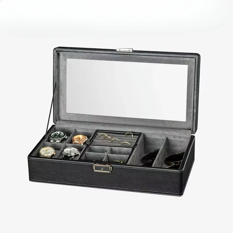 Organizador de óculos de jóias, couro rígido para viagem, caixa de armazenamento de relógio com 12 espaços, embalagem de exibição de caixa de relógio de veludo