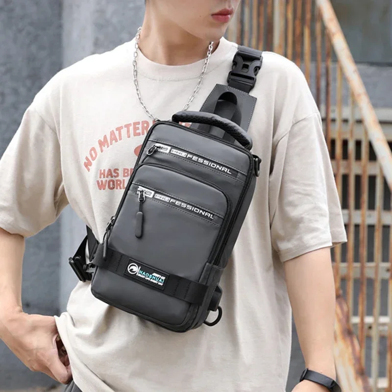 Men Nylon Rucksack Daypack Messenger Bag with USB Charging Port Male Fashion Knapsack Backpack Cross body Sling Chest Pack Bag