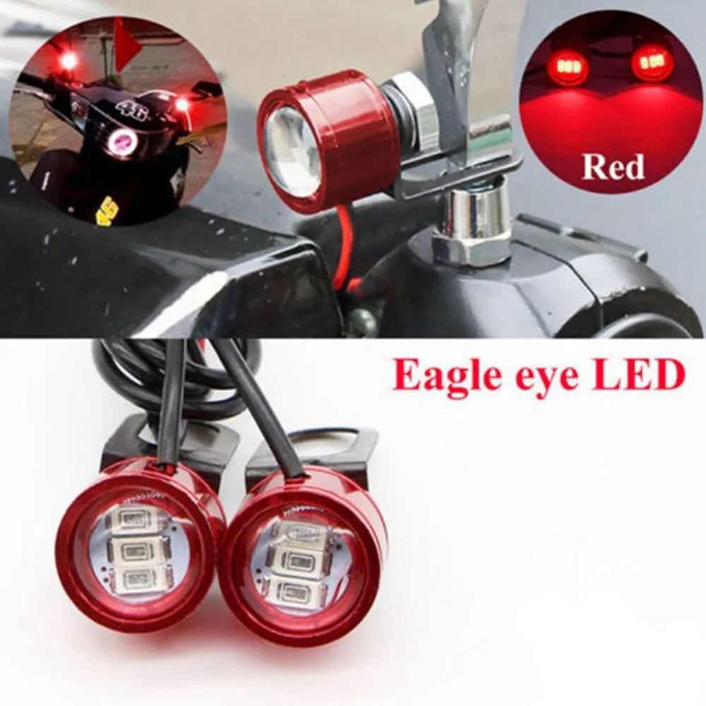 

2PCS DC 12V Red DRL Motorcycle Rearview Mirror Eagle Eye 3 LED Flash Strobe Light Waterproof Aluminum Safety Signal Lights