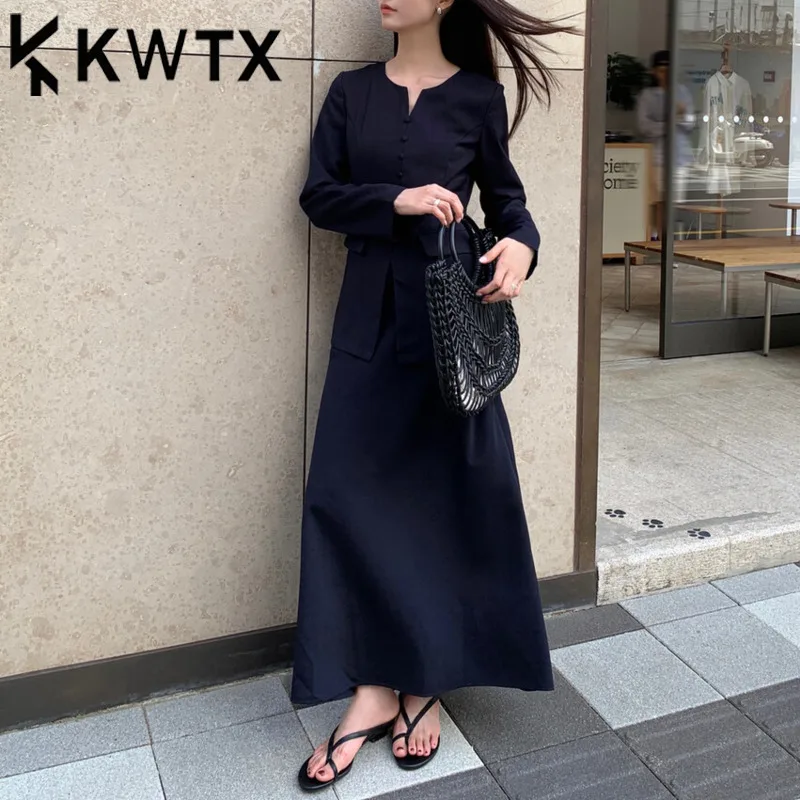 

KWTX Womens Casual Vintage 2Pcs Set V-neck Long Sleeve Top High Waist Skirt Solid Spring Summer Elegant Comfortable High Quality