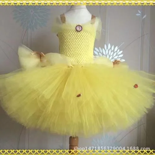 Girls Yellow Bella Princess Dress Kids Crochet Tulle Tutus Ball Gown with Red Flower Bow Children Birthday Party Costume Dresses