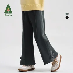 Amila Baby Trousers 2024 Winter New High Quality Solid Color Flared Basic Versatile Loose Casual Fashion Children’s Trousers