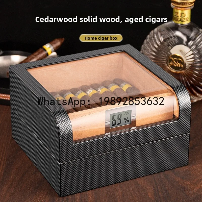 Hz cigar humidor portable transparent window cedar wood double layer large capacity carbon fiber cigar box