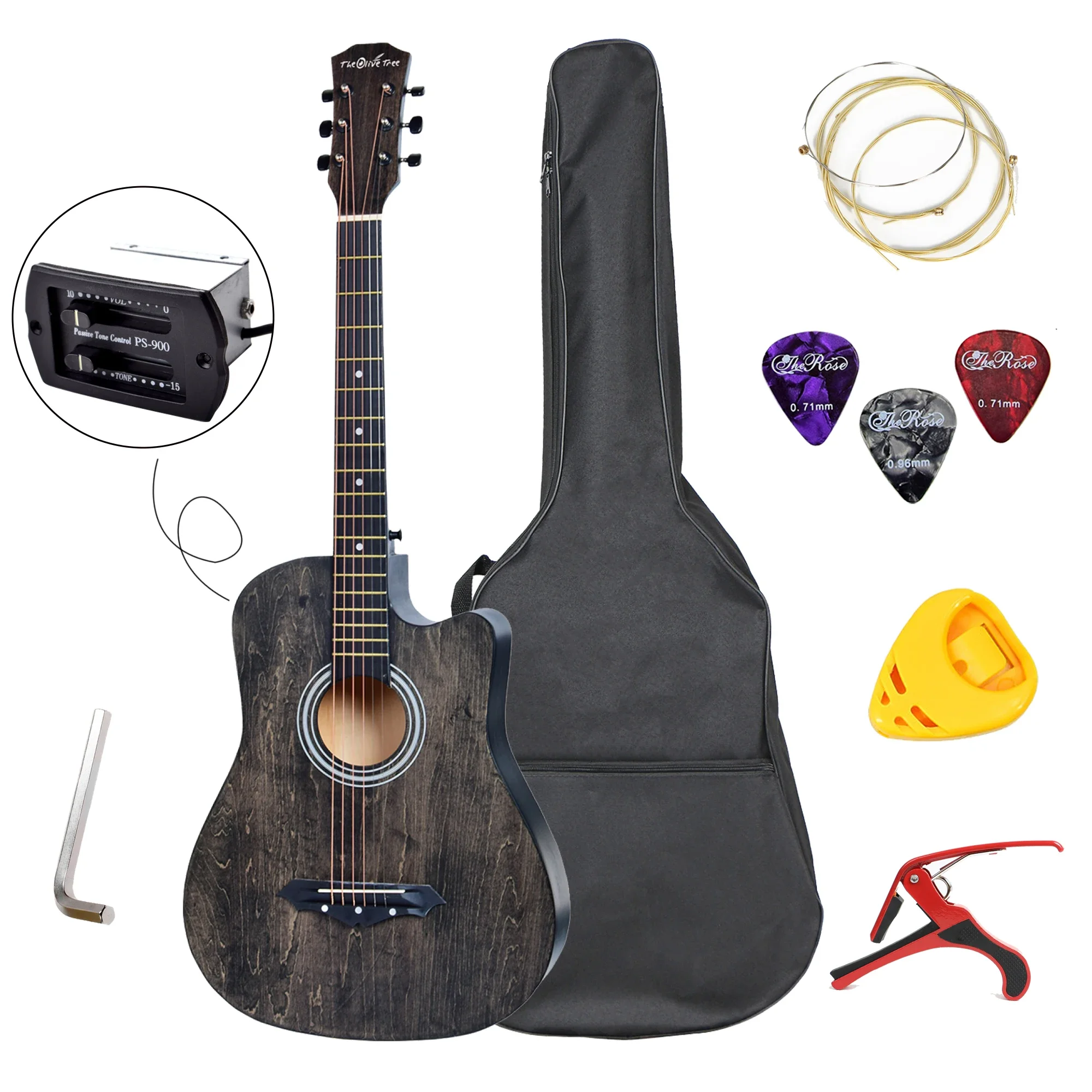 38inch Beginner Acoustic Electric Guitar Basswood Cutaway Guitar Kit with Bag Strings Picks Capo