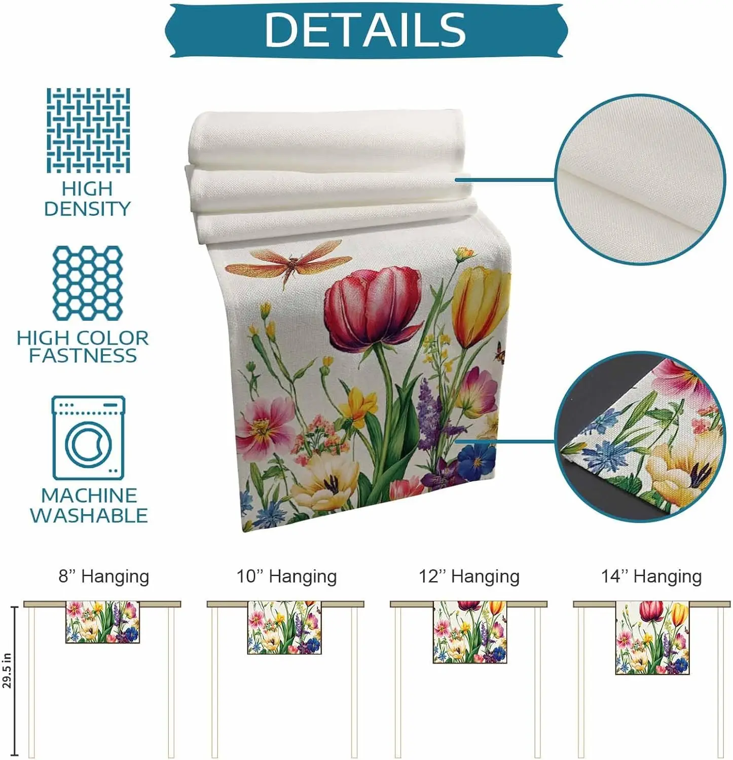 Spring Tulip Floral Linen Table Runner Holiday Wdding Party Decor Seasonal Summer Flowers Plant Table Runners Dining Table Decor