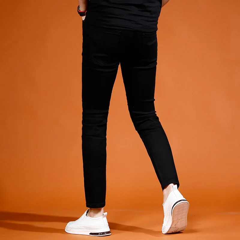 Summer Black Ankle-Length Pants Men Lightweight Jeans Streetwear Casual Solid Color Slim Fit Denim Trousers