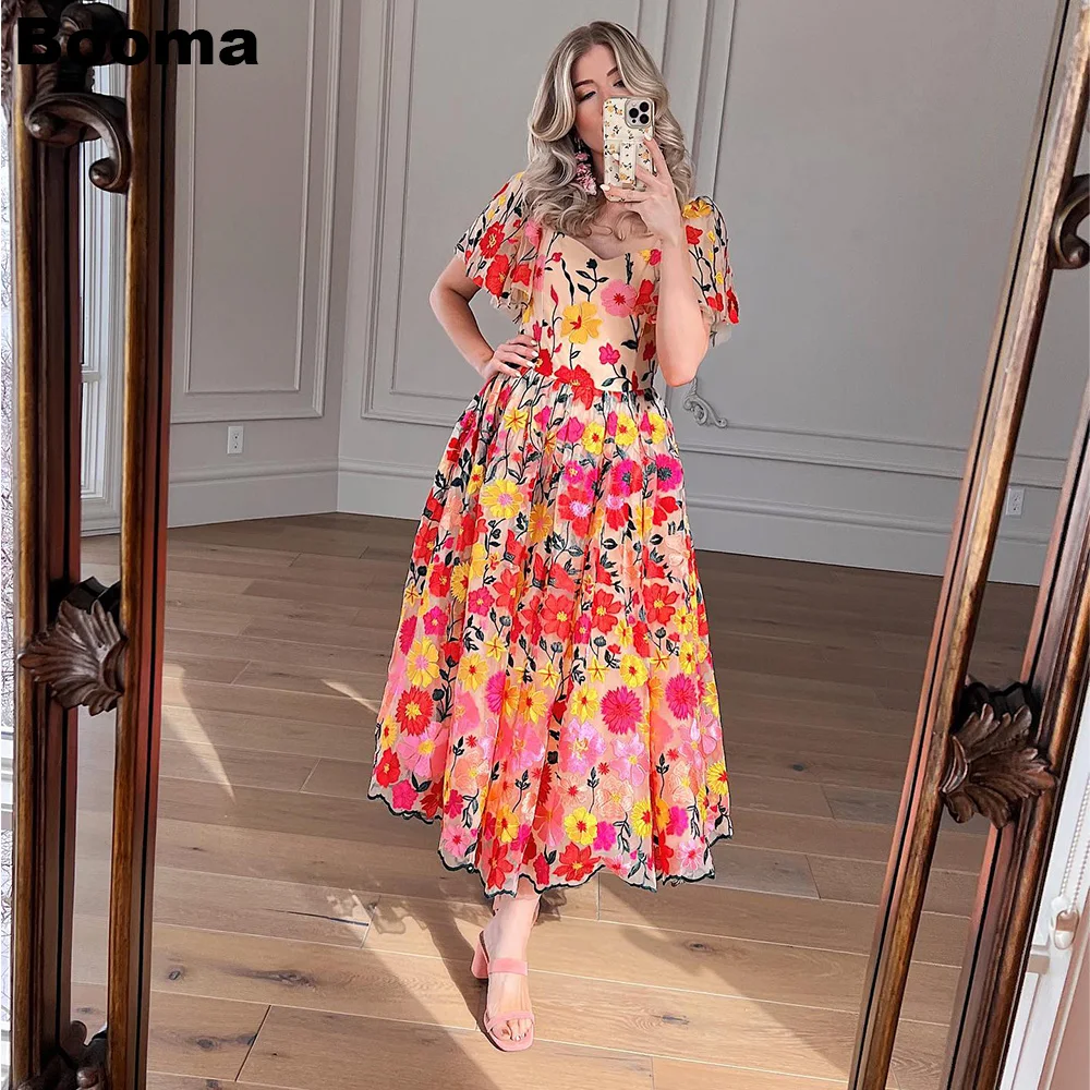 Booma Colorful Embroidery Lace A Line Prom Dresses Cap Sleeves Tea Length Flowers Party Prom Gowns Plus Size robe soireé femme