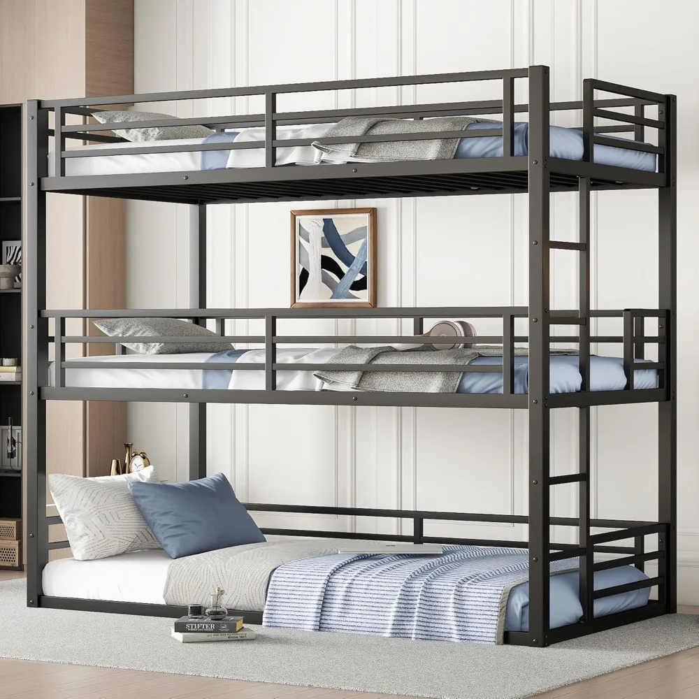 

Triple Bunk Bed Twin XL Size, Heavy Duty 3 Bunk Beds with Safety Guardrails and Noise-Reduced Design, Metal Triple Bed
