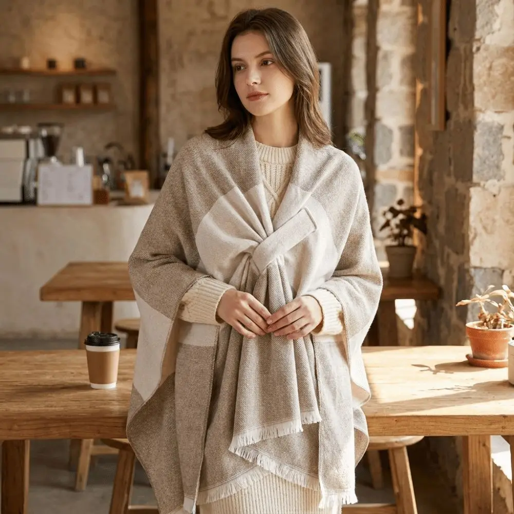 Versatile Imitation Cashmere Plaid Patterned Shawl Tassel Open Front Soft Wrap Scarf Frayed Edge Lightweight Warm Cloak Travel