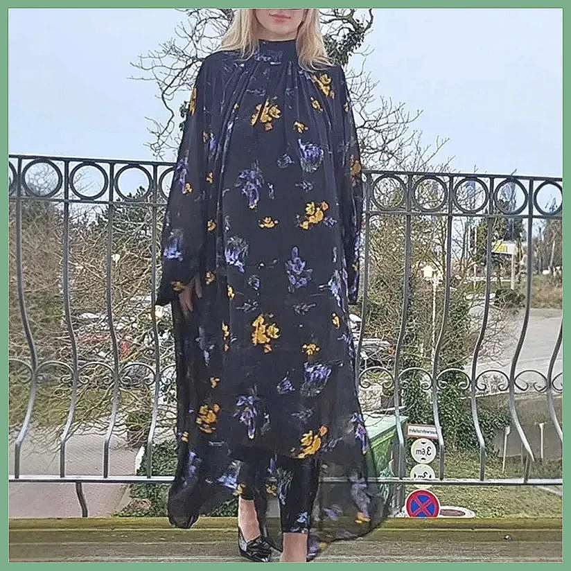 Gaun Chiffon Lengan Panjang Modis dengan Detail Tali, Motif Cetak untuk Pakaian Sehari-hari Wanita
