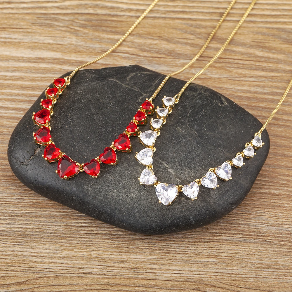 Nidin New Arrival Hot Sale Romantic Heart Shape Pendant Necklace Copper Zircon White/Blace/Red Colors Jewelry Accessories