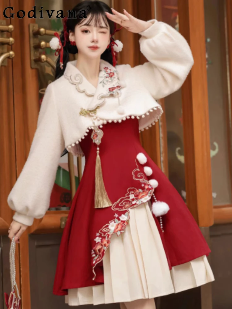 

Christmas Lolita Chinese Red Sweet Square Neck Daily Suspender Dress Cute Girl High Waist A-line Skirt Long Sleeve Short Coat