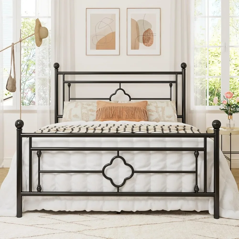 Queen Size Metal Platform Bed Frame with Victorian Vintage Headboard and Footboard/Mattress Foundation/Under Bed Storage