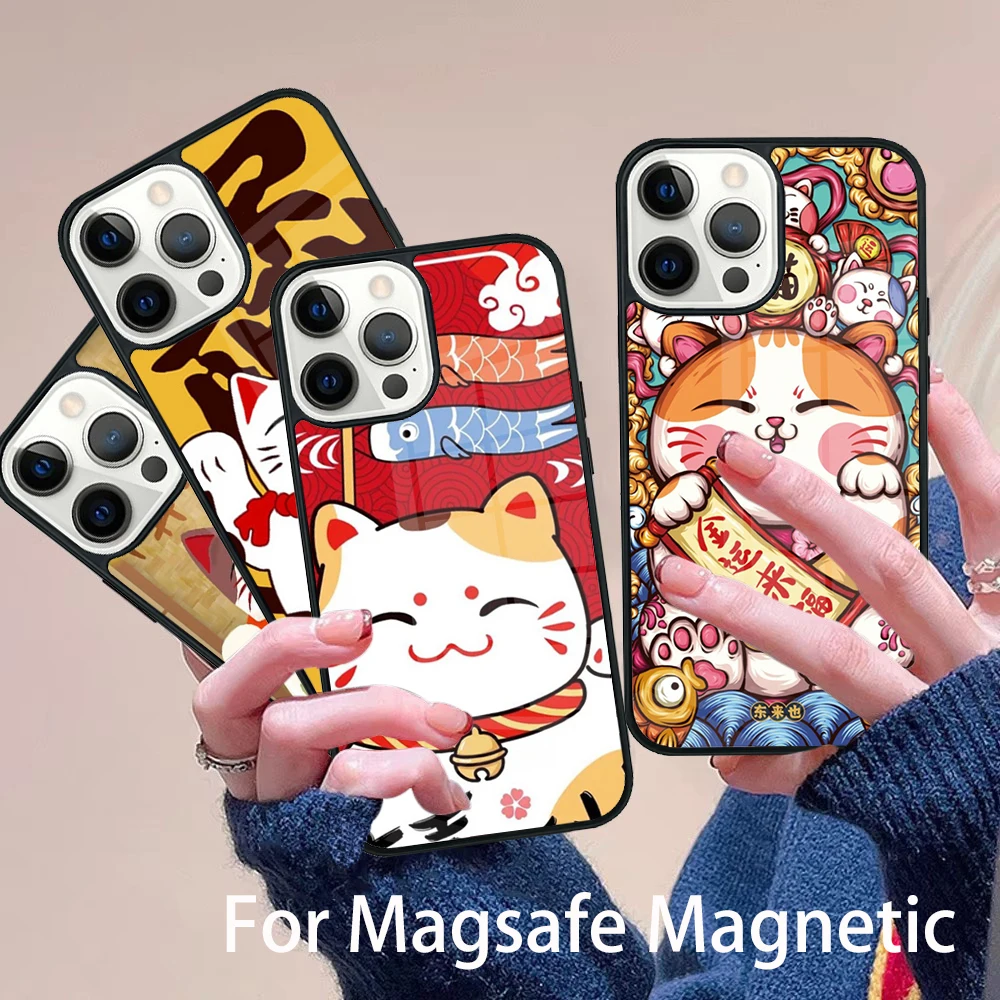 

China cute lucky cat Phone Case Magesafe Magnetic Wireless Charge Cover For IPhone 16 11 12 13 14 15 Pro Max Plus Mini