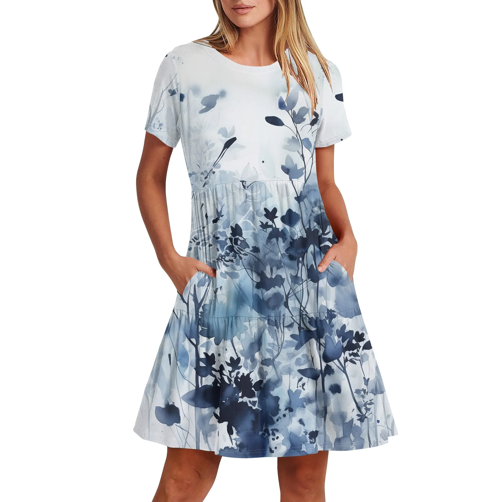 Vestido midi com estampa floral, sem mangas, gola redonda, sem mangas, casual, solto, saia até o joelho, elegante, com bolso, para a praia, verão