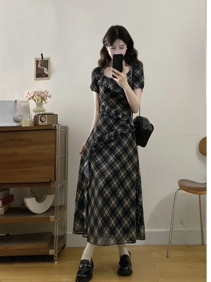 

plus Size Women's Vintage Ruffle Sleeve Plaid Short Sleeve Dress Summer New Waist Cinched Asymmetrical Long Dress Commute Style