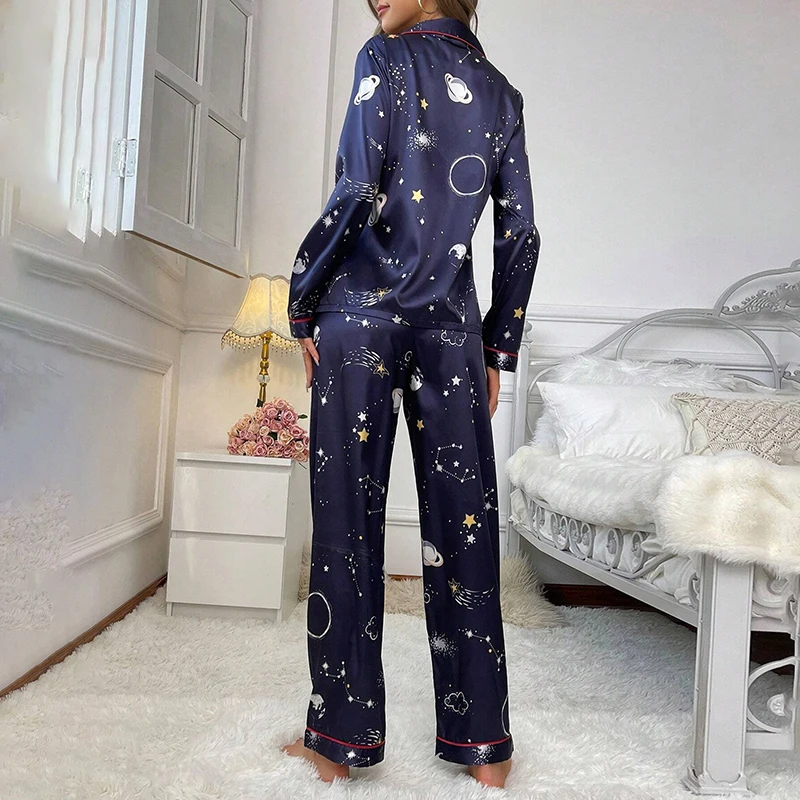 Women\'s Pajama Lounge Set Satin Long Sleeve Buttons Lapel Top and Pants Pajamas 2 Piece Sets Autumn Lady Sleepwear Home Clothing