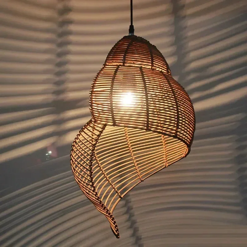 Lámpara colgante de bambú creativa hecha a mano, forma de caracol de mar, tonos de mimbre E27, luces LED para estudio, accesorios pastorales