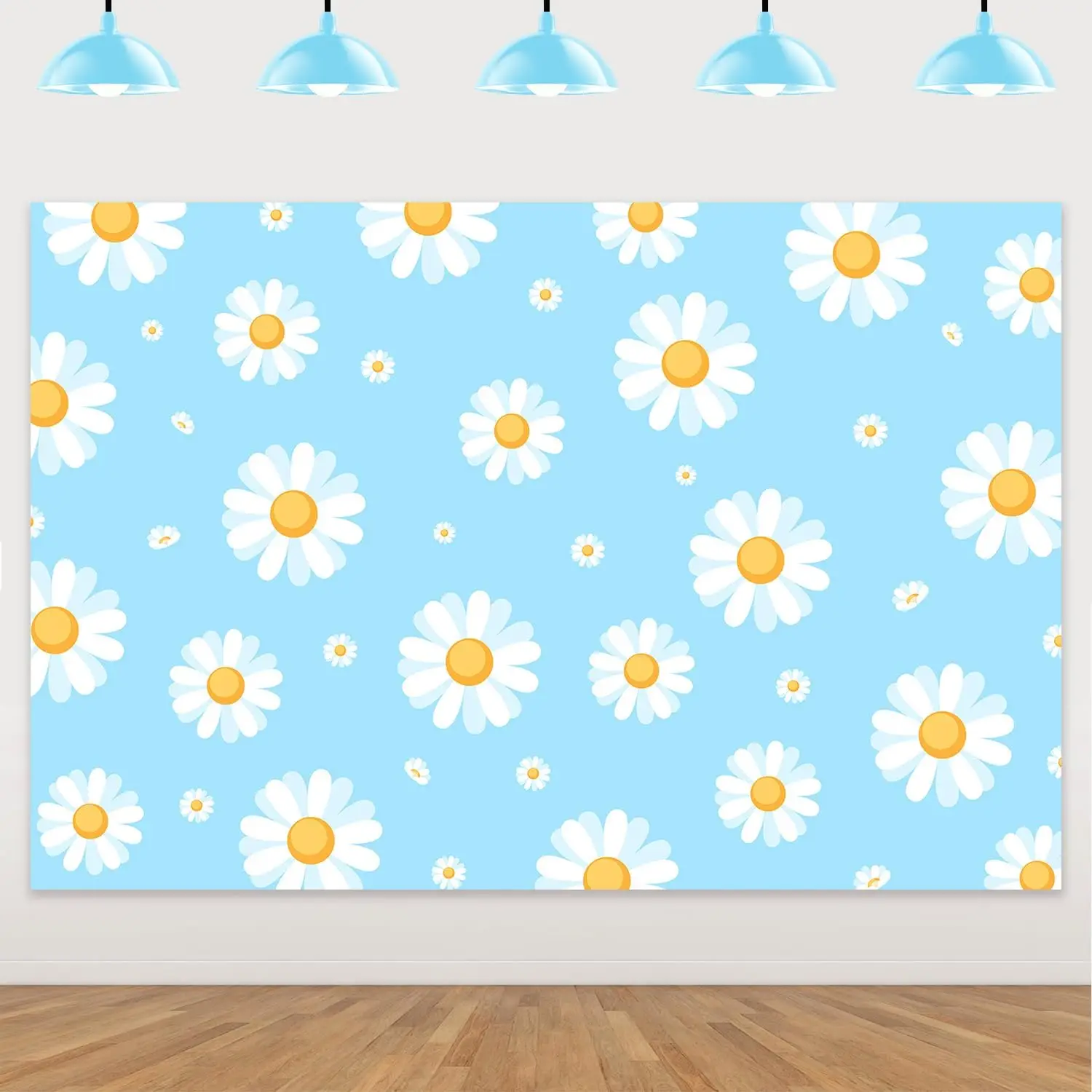 Fangleland Blue Retro Daisy Backdrop Hippie Boho Background Cloth for Boys Groovy Baby Shower Birthday Party Supplies  5x3ft