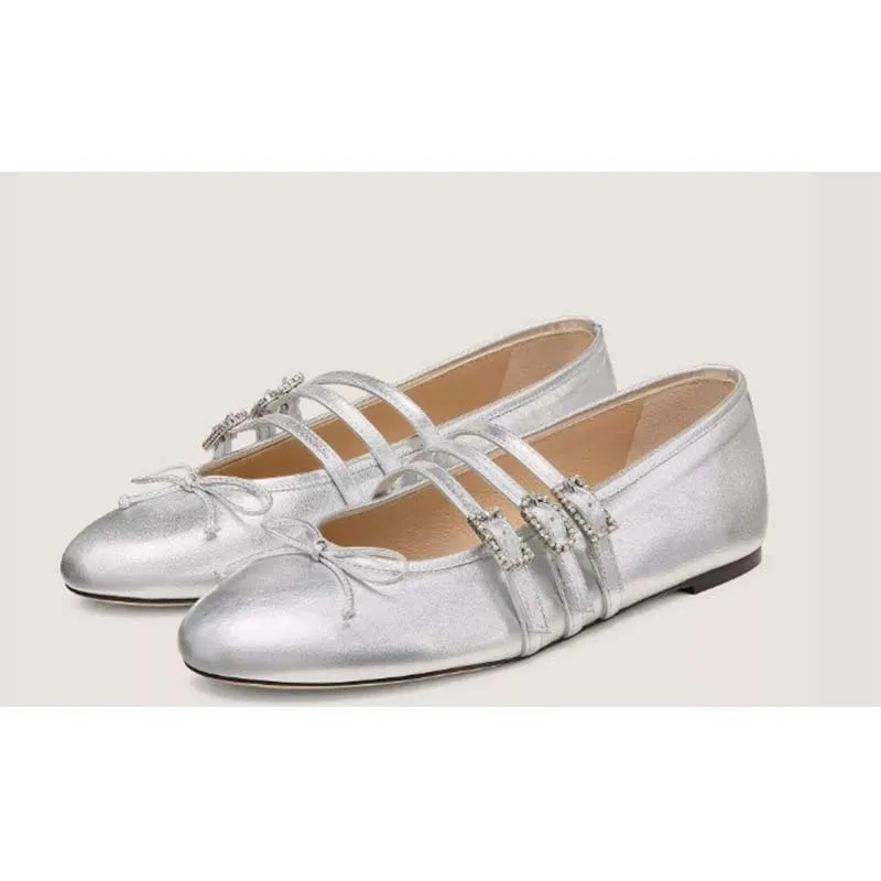 

Silver Round-Toed Shallow Single Flats Elegant Fairy Buckle Ballet Women Shoes Soft Leather Comfortable Mary Janes Chaussure