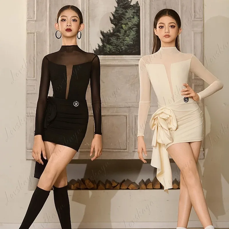 

Зимний и осенний высокоэластичный костюм из сетчатой ткани с цветочным узором и длинными рукавами для латинских танцев