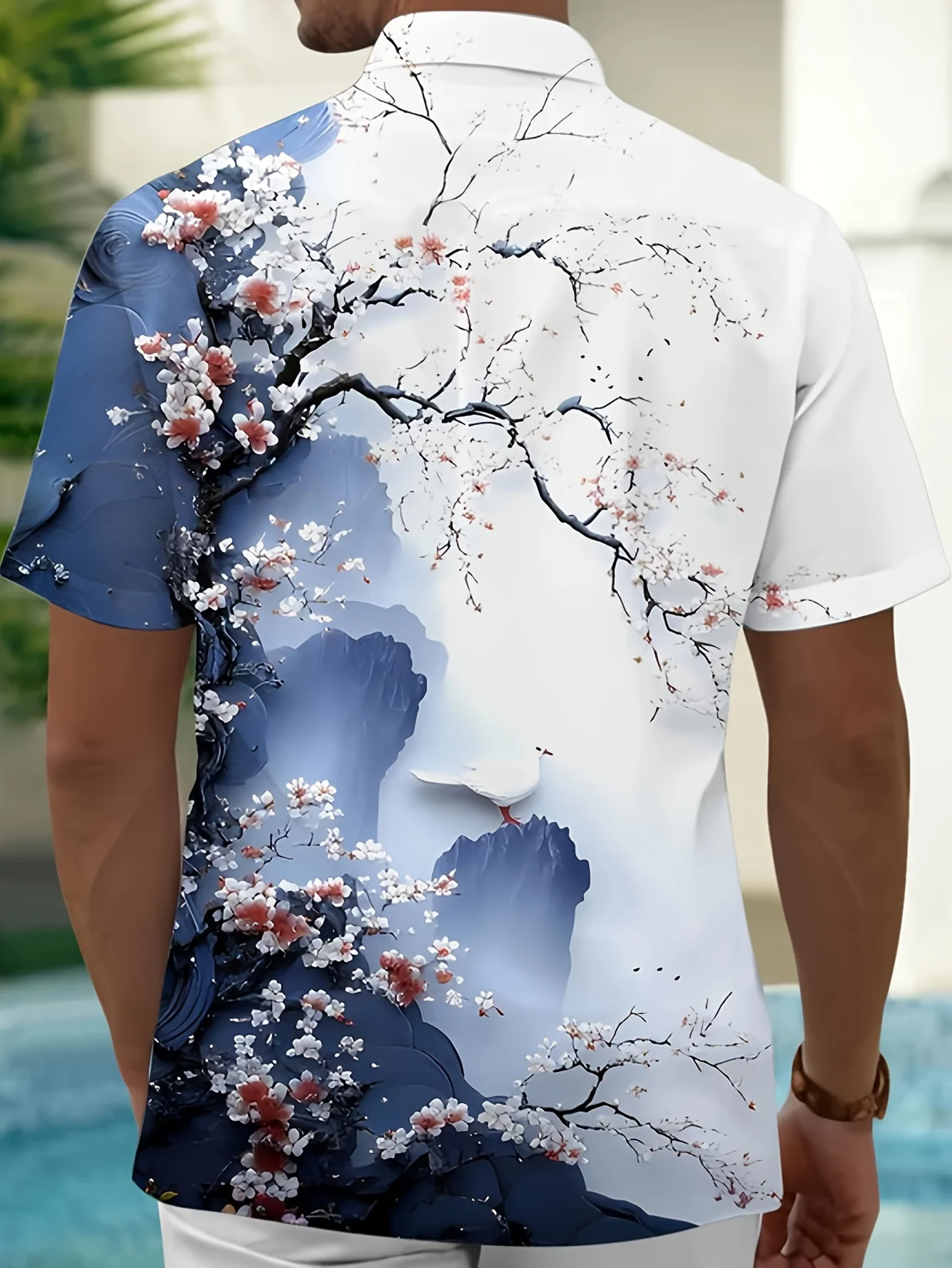 Men Short Sleeve Shirt Chinese Ink Landscape Cherry Blossom Print Turn‑Down Collar Button‑Up Summer Top