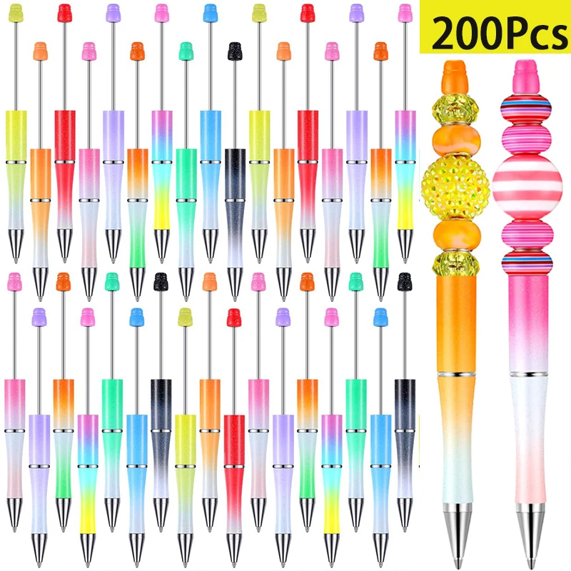 

200Pcs Gradient Color Beaded Ballpoint Pen Black Ink Bead Pen Plastic Beadable Writing Pen School Office Supplies