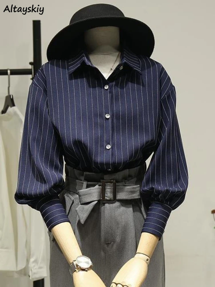 

Striped Shirts Women Long Sleeve Loose Fit Design Office Lady Temper Retro Fashion Spring Korean Style All-match Chic Tops Mujer