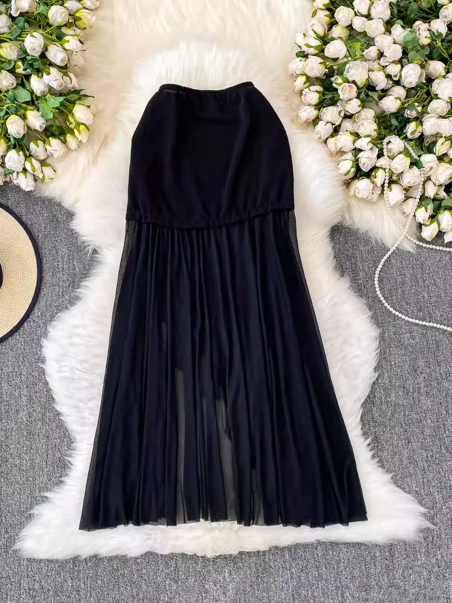 Foamlina Slit Mesh Patchwork Drape Maxi Skirt Women 2025 Summer New Black Hot Girl Petite High Waist Slim Fit Half Skirt Dress