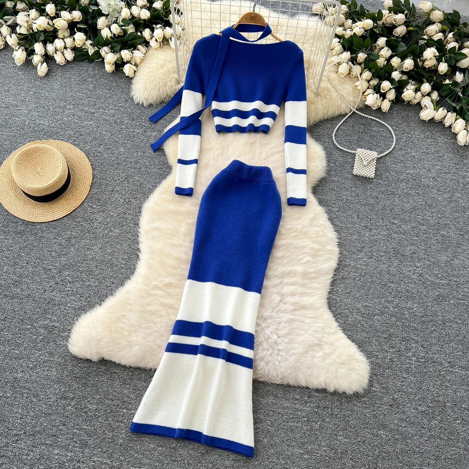 Chic Patvhwork Striped Women Two-Piece Sets O-neck Long Sleeve Knitted Top High Waist Pencil Skirt Korean Autumn Winter Clothing