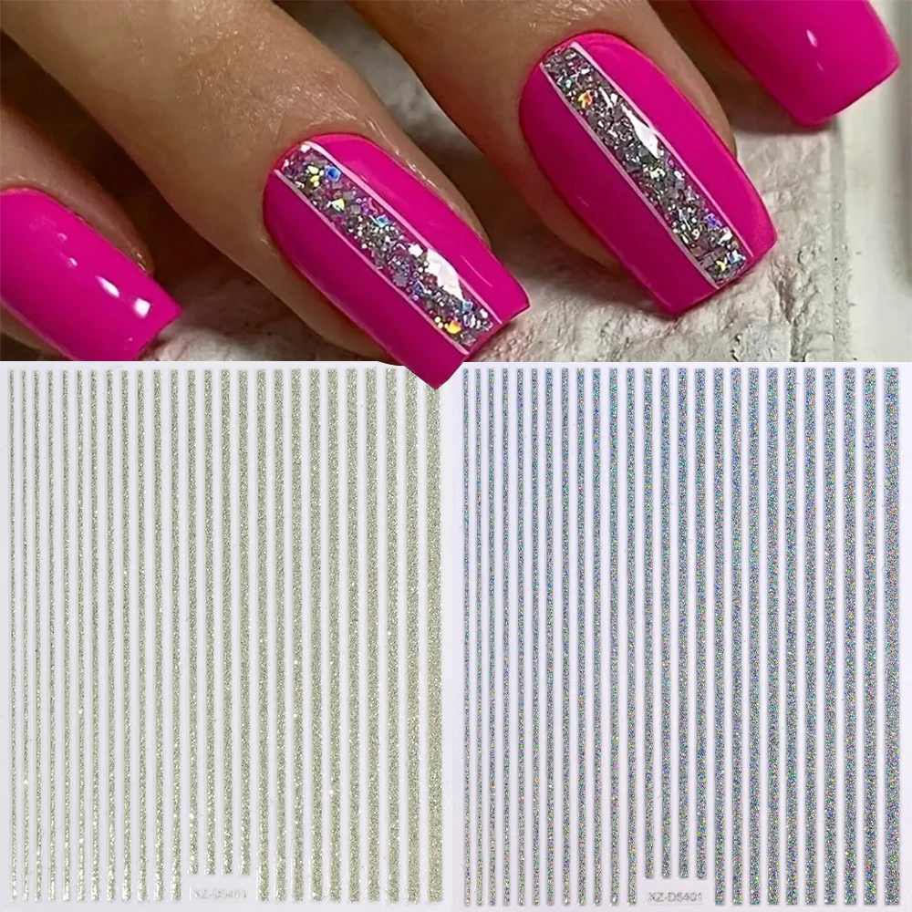 2 szt. Naklejki na paznokcie 3D z brokatowymi liniami, holograficzne złote, srebrne, czarne, proste paski, metaliczne linie, slidery do paznokci, dekoracje do manicure
