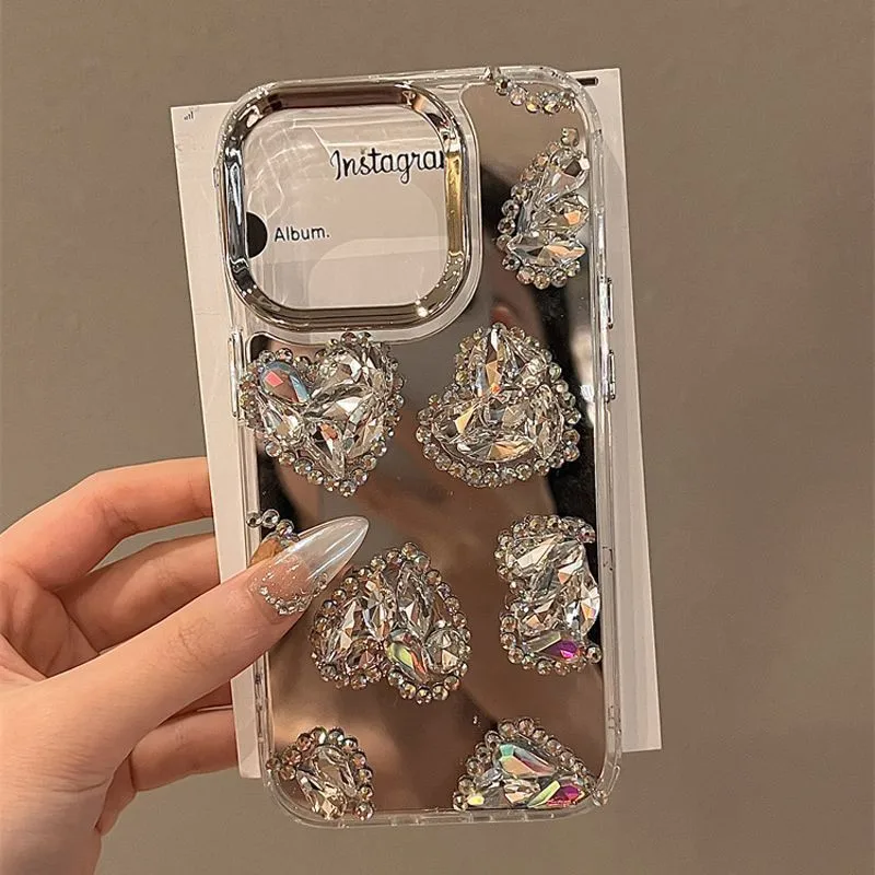 Fashion Rhinestone Mirror Love Shiny Heart Phone Case For iPhone 16 Pro Max 16 15 Plus 14 13 12 11 Pro