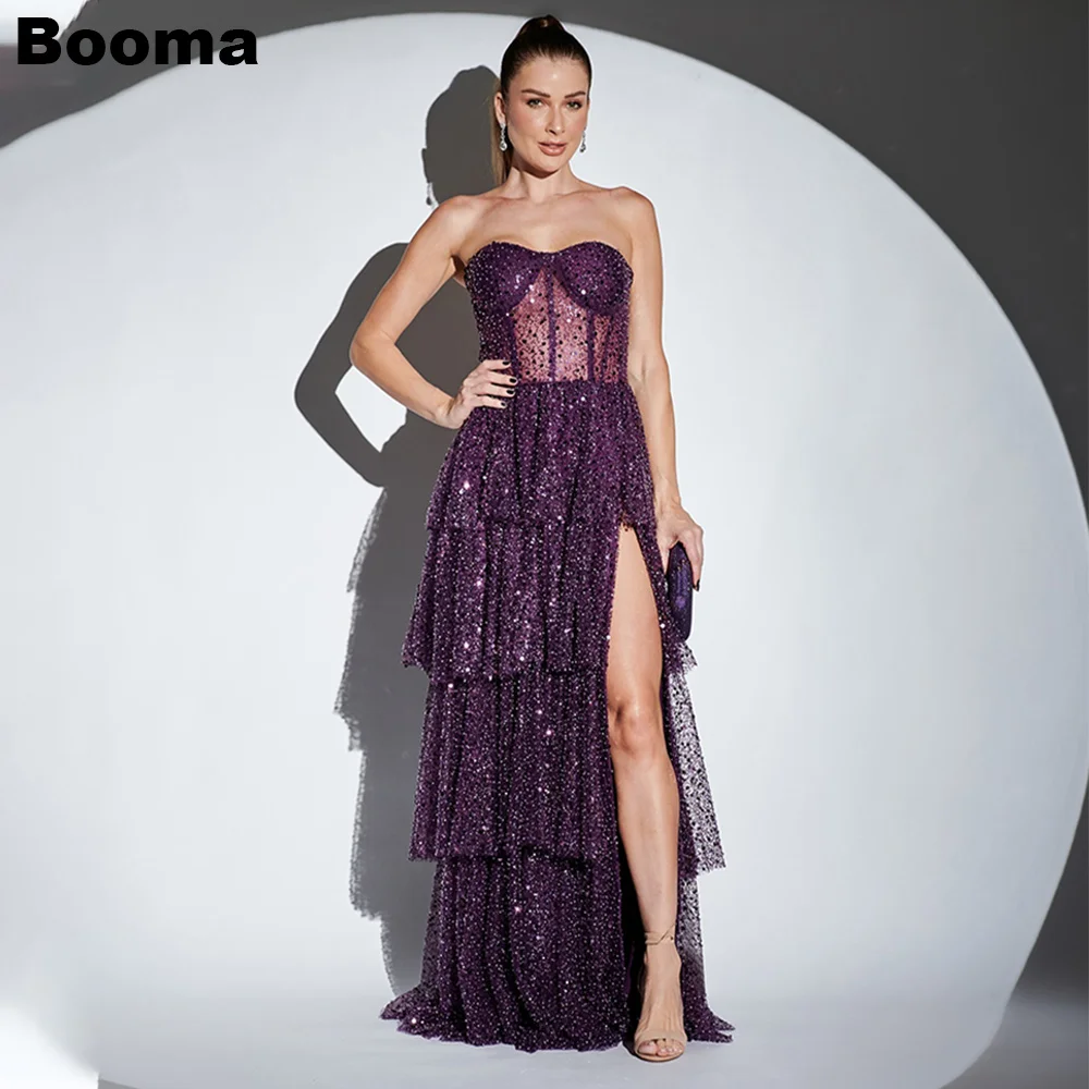 Booma Glitter Purple Prom Dresses Sweetheart Tiered Sequined Wedding Guest Dress for Women Leg Slit Long Formal Evening Gowns