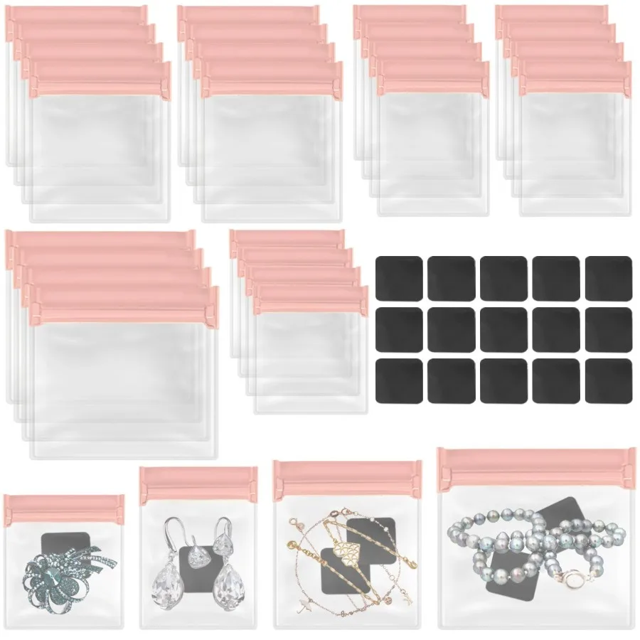 

30 шт. пластиковый самозапечатывающийся пакет для ювелирных изделий с 15 полосками против тускнения, 4 размера, прозрачная сумка на молнии, закрывающаяся мини-сумка для хранения ювелирных изделий