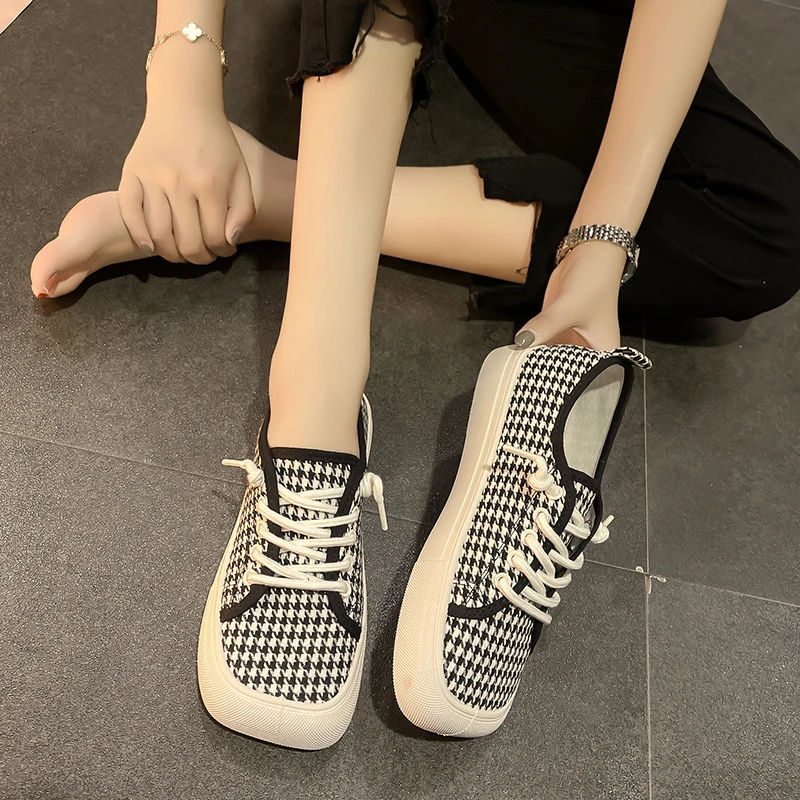 Wide Feet Square Toe Canvas Loafers Women\'s Leisure Lace Up Sneakers Platform Leopard Zebra Print Shoes Student Running Shoes