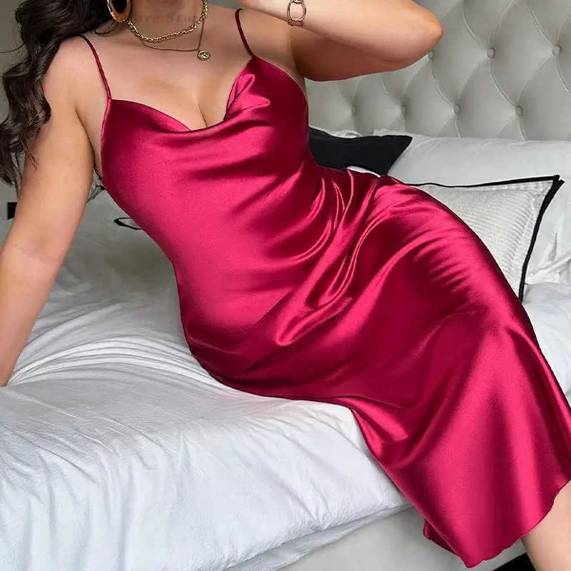 Camisón con tirantes finos para mujer, ropa de dormir de talla grande 5XL, lencería íntima larga, ropa de casa de satén sedoso, ropa de descanso