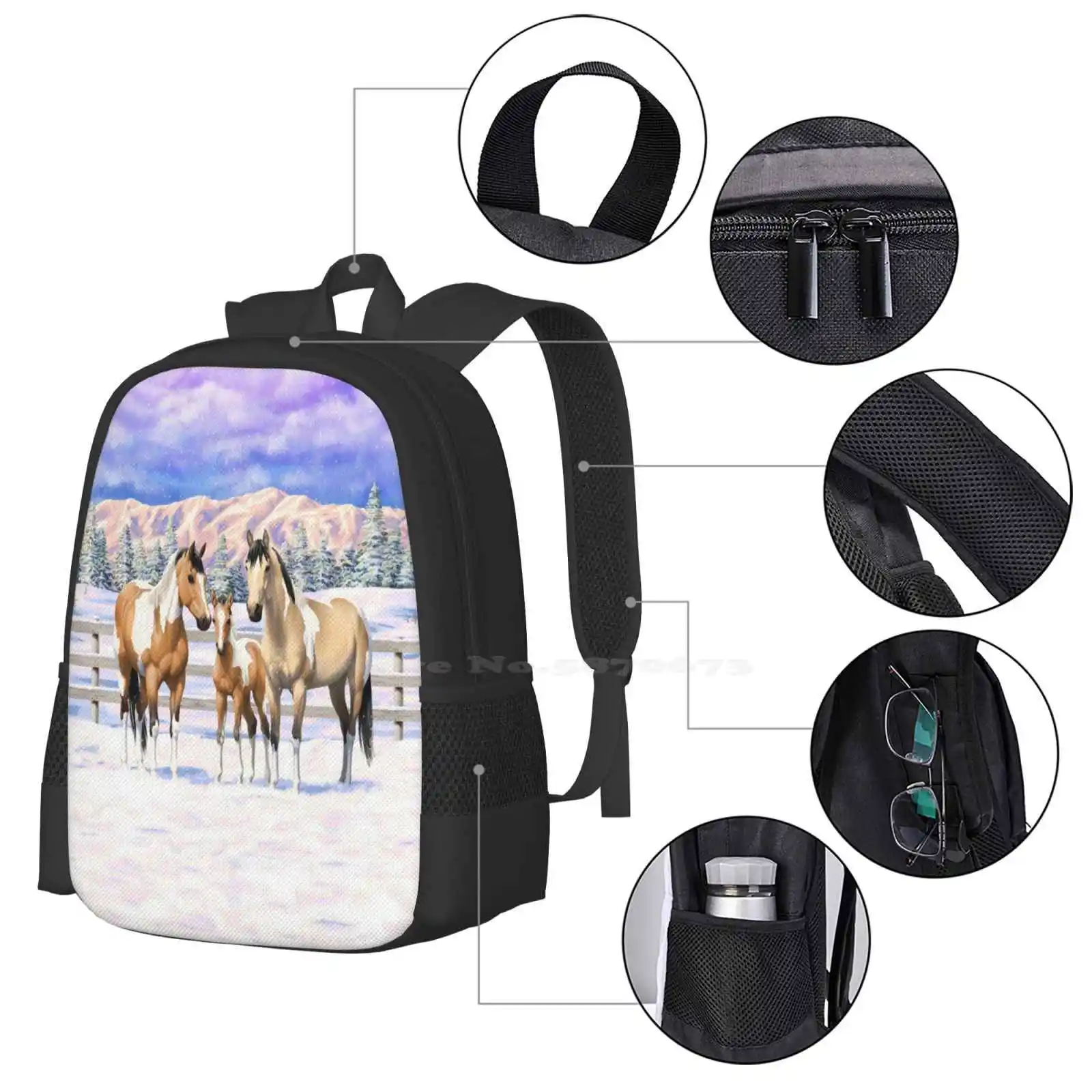 Pinto Dun Paint Quarter Horses In Snow Backpack For Student School Laptop Travel Bag Horse Paint Horse Quarter Horse Dun Horse