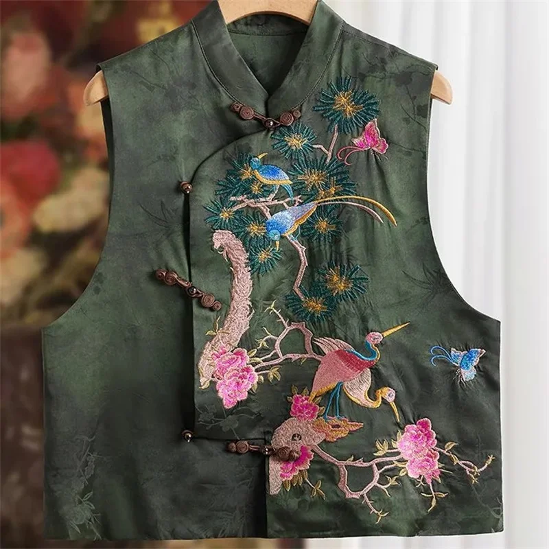 

Women's Vest Fashion Chinese Style Retro Color Crane Embroidery Single-breasted Cardigan Loose Vest Female Spring and Autumn