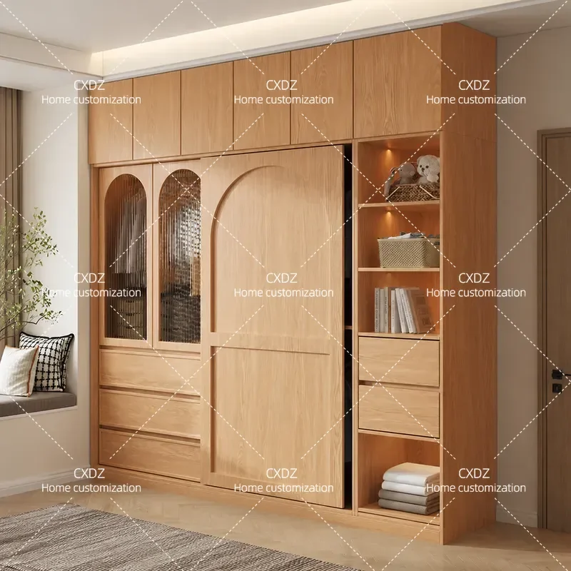 Solid Wood Oak Sliding Door Wardrobe Modern Simple Bedroom Storage Cabinet FAS Grade Eco Friendly Combination Closet