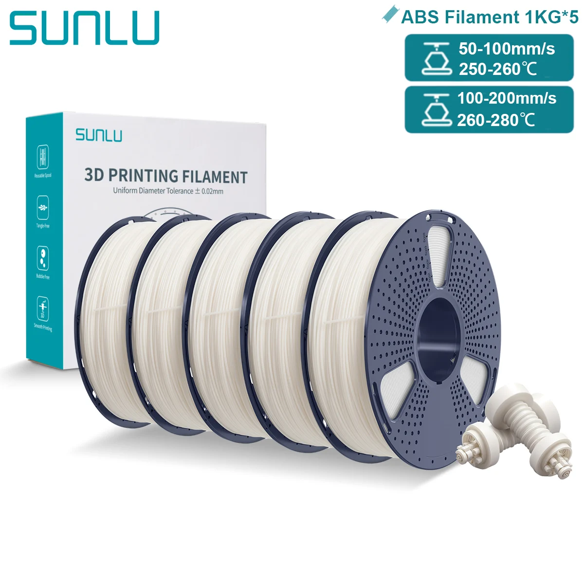 SUNLU ABS 3D-filament 5x1KG 1,75 mm Hoge sterkte Robuust Duurzaam 100% geen bubbels Premium printmateriaal voor FDM 3D-printers