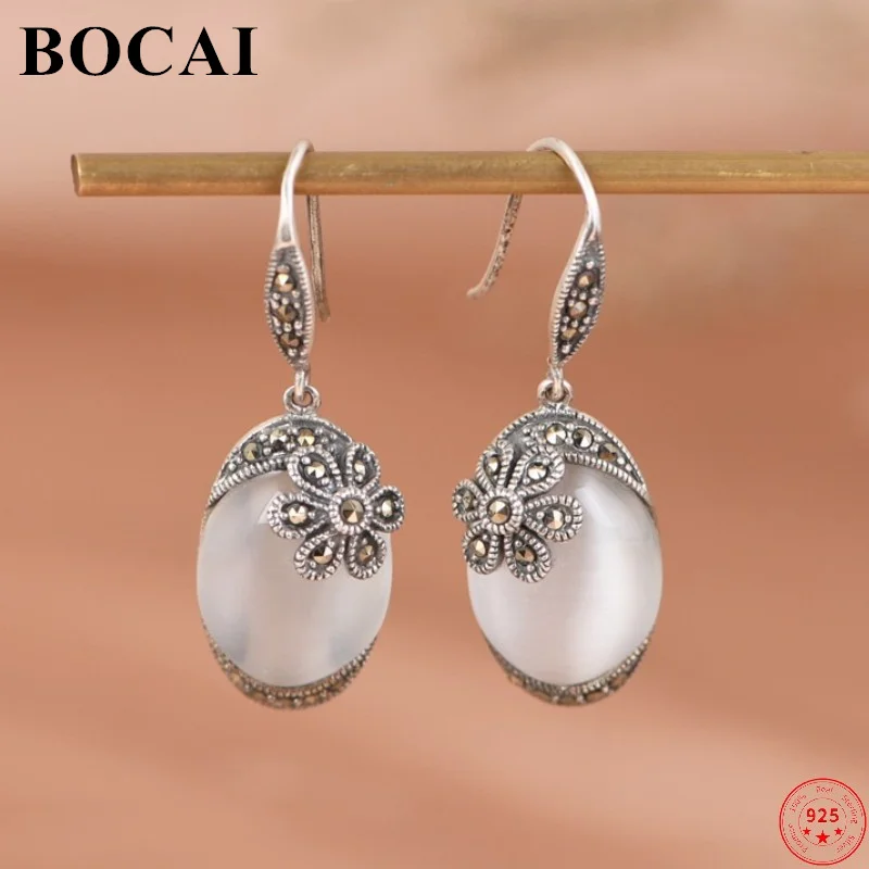 BOCAI Genuine S925 Sterling Silver Earrings for Women New Fashion Oval White Sythetic Opal Vintage Little Flowers Ear Drop