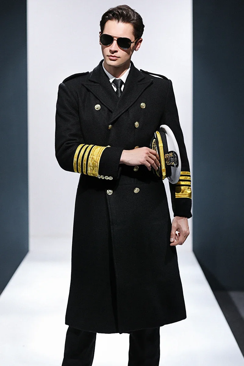 Pilot Uniform Captain Woolen Coat Thickened Plus Cotton Long Aviation Blends Security Concierge Seaman Flight Attendant Topcoat